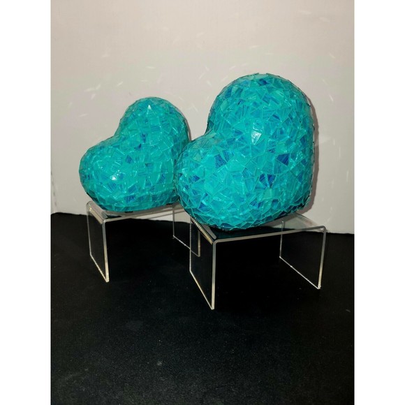 Vintage Teal Mosaic Art Glass Hearts Set Of 2 Tabletop 6"+ 5" Paperweight Decor - Picture 6 of 11